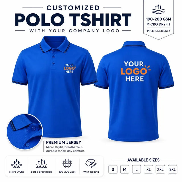 Bright Blue custom micro dryfit polo t-shirts with company logo, front and back product view for company logo customization