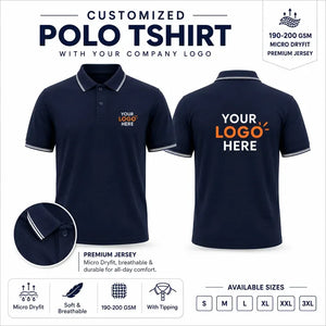 Navy custom micro dryfit polo t-shirts with company logo, front and back product view for company logo customization