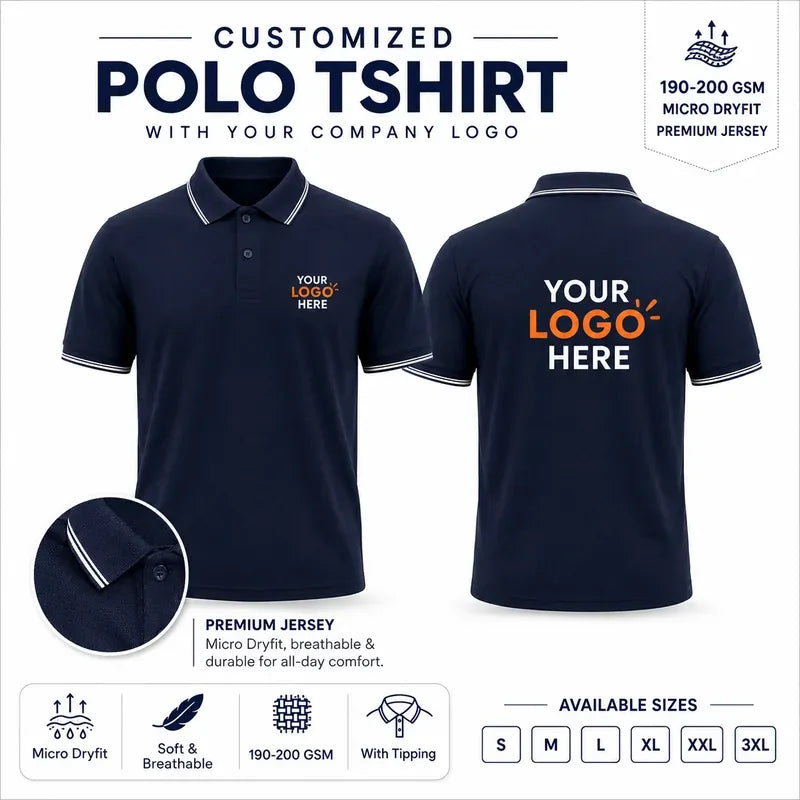 Navy custom micro dryfit polo t-shirts with company logo, front and back product view for company logo customization
