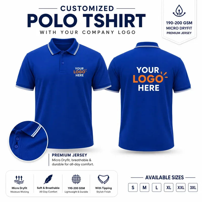 Royal Blue custom micro dryfit polo t-shirts with company logo, front and back product view for company logo customization