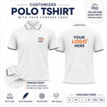 White custom micro dryfit polo t-shirts with company logo, front and back product view for company logo customization