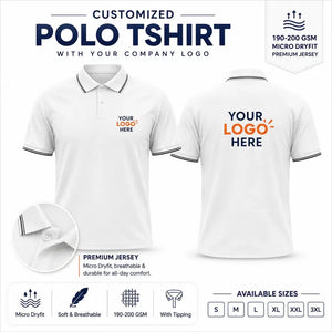 White custom micro dryfit polo t-shirts with company logo, front and back product view for company logo customization