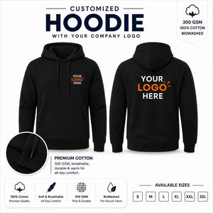 Black custom 300 gsm pullover hoodies with company logo, front and back product view for company logo customization