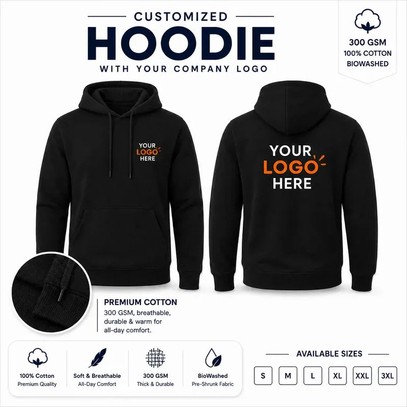 Black custom 300 gsm pullover hoodies with company logo, front and back product view for company logo customization