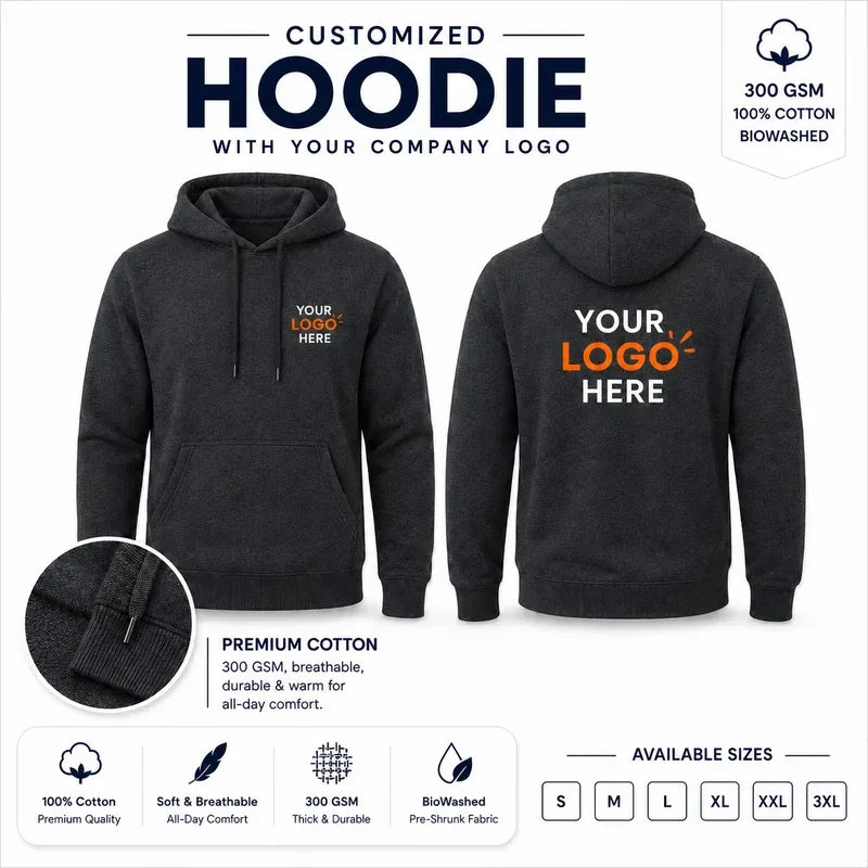 Charcoal custom 300 gsm pullover hoodies with company logo, front and back product view for company logo customization