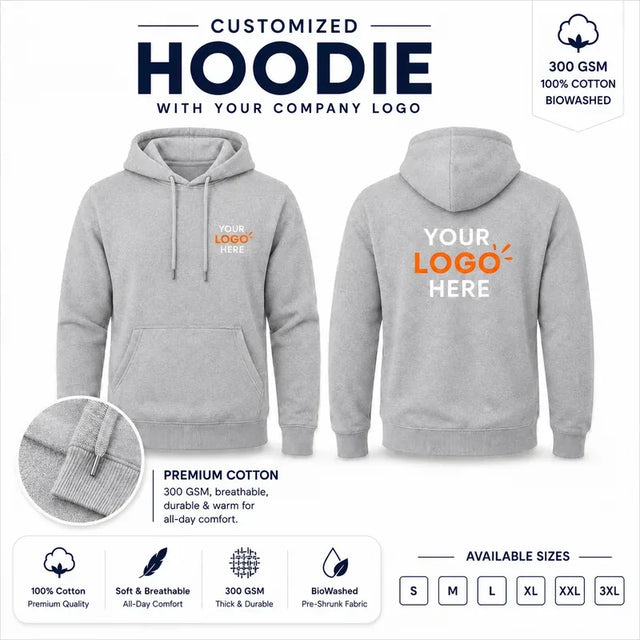Light Grey custom 300 GSM pullover hoodie with company logo