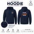 Navy custom 300 gsm pullover hoodies with company logo, front and back product view for company logo customization
