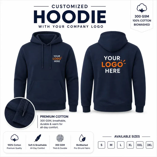Navy custom 300 gsm pullover hoodies with company logo, front and back product view for company logo customization