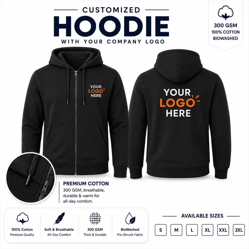 Black custom 300 gsm zip hoodies with company logo, front and back product view for company logo customization
