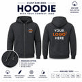 Charcoal custom 300 gsm zip hoodies with company logo, front and back product view for company logo customization