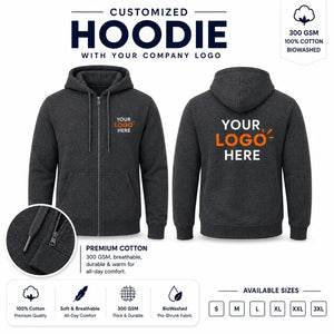 Charcoal custom 300 gsm zip hoodies with company logo, front and back product view for company logo customization