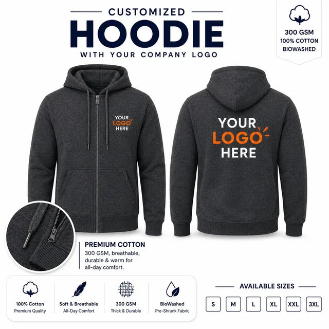 Charcoal custom 300 gsm zip hoodies with company logo, front and back product view for company logo customization