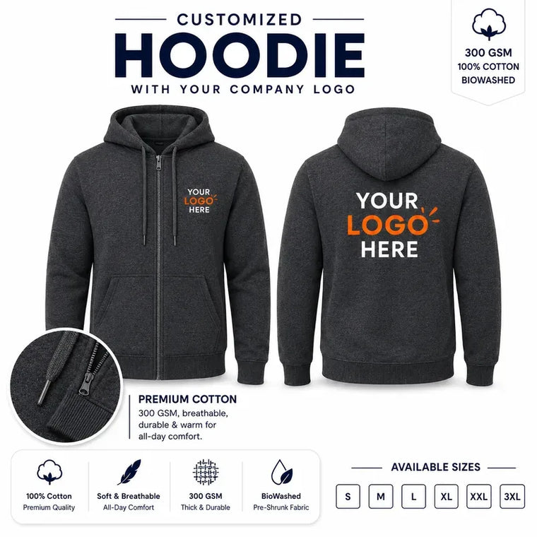 Custom 300 GSM Zip Hoodies with Company Logo