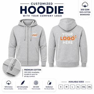 Light Grey custom 300 gsm zip hoodies with company logo, front and back product view for company logo customization