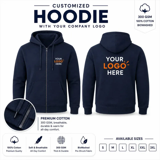 Navy custom 300 gsm zip hoodies with company logo, front and back product view for company logo customization