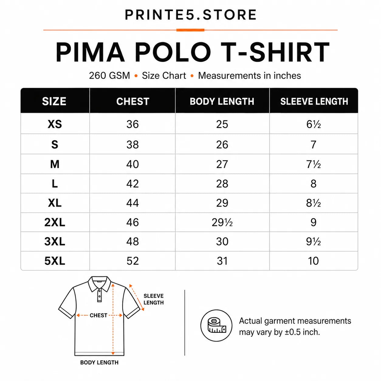 Custom Premium Pima Cotton Polo T-Shirt – 260 GSM size guide