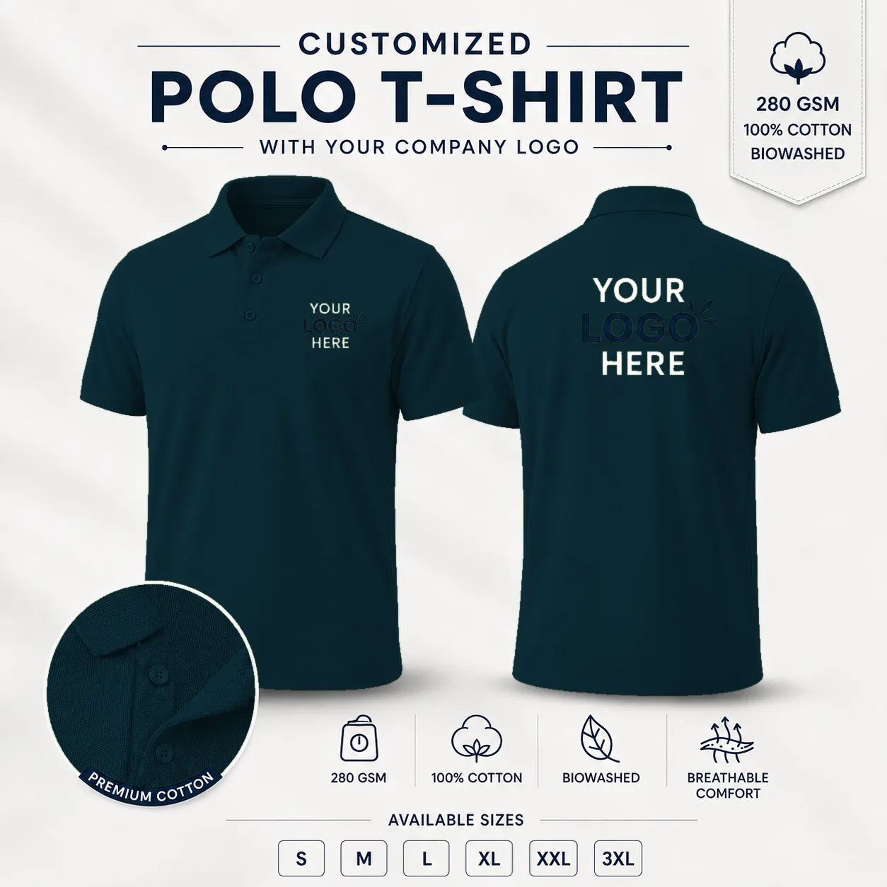 Pine Green custom micro dryfit polo t-shirt with tipping - 190-200 gsm showing front and back logo placement