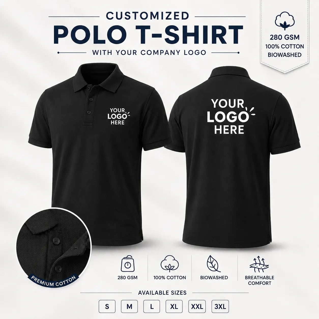 Plain Black custom premium cotton polo T-shirt without border with company logo, front and back product view