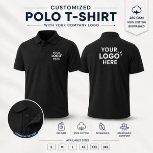 Plain Black custom premium cotton polo T-shirt without border with company logo, front and back product view