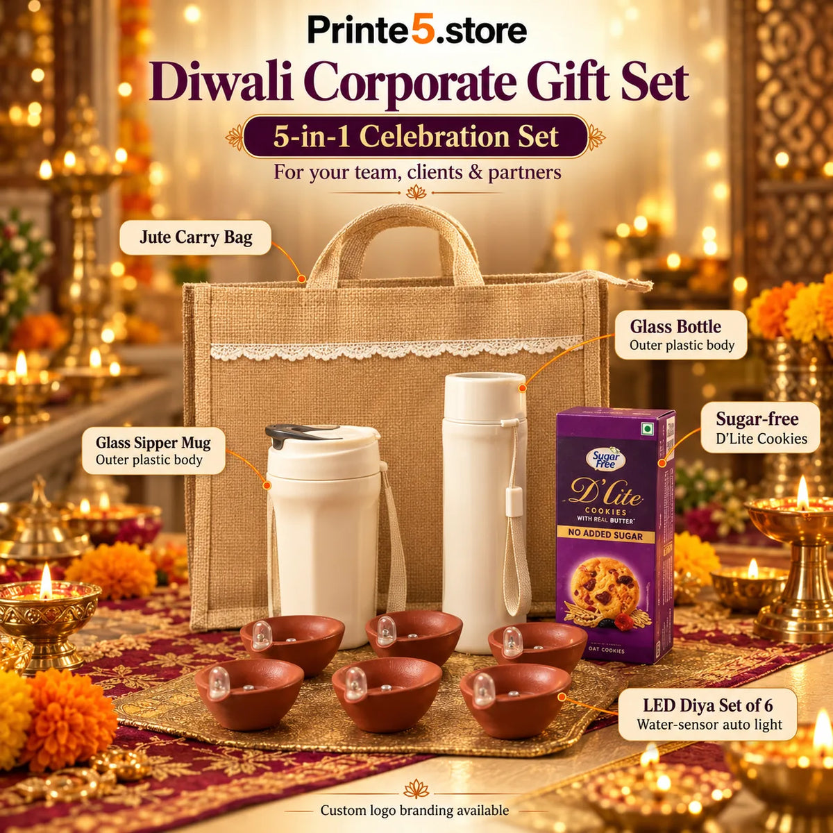 Printe5 5-in-1 Diwali corporate gift set with jute bag, glass bottle, glass sipper mug, cookies and six LED diyas