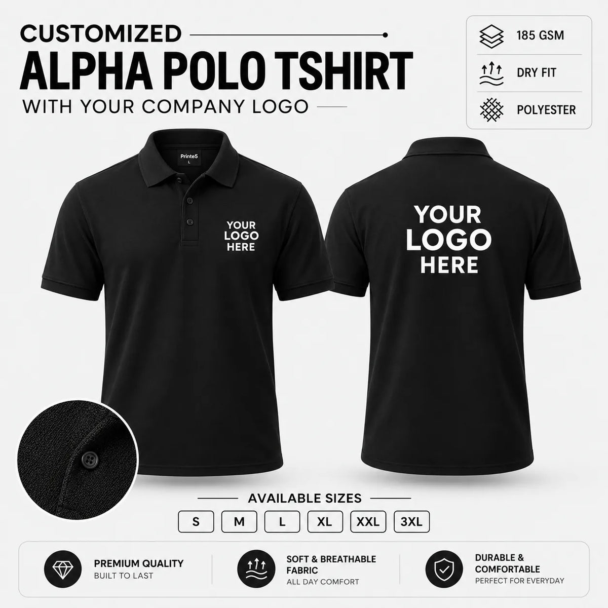 Custom Alpha 185 GSM Dry Fit Polo T-Shirt - Black