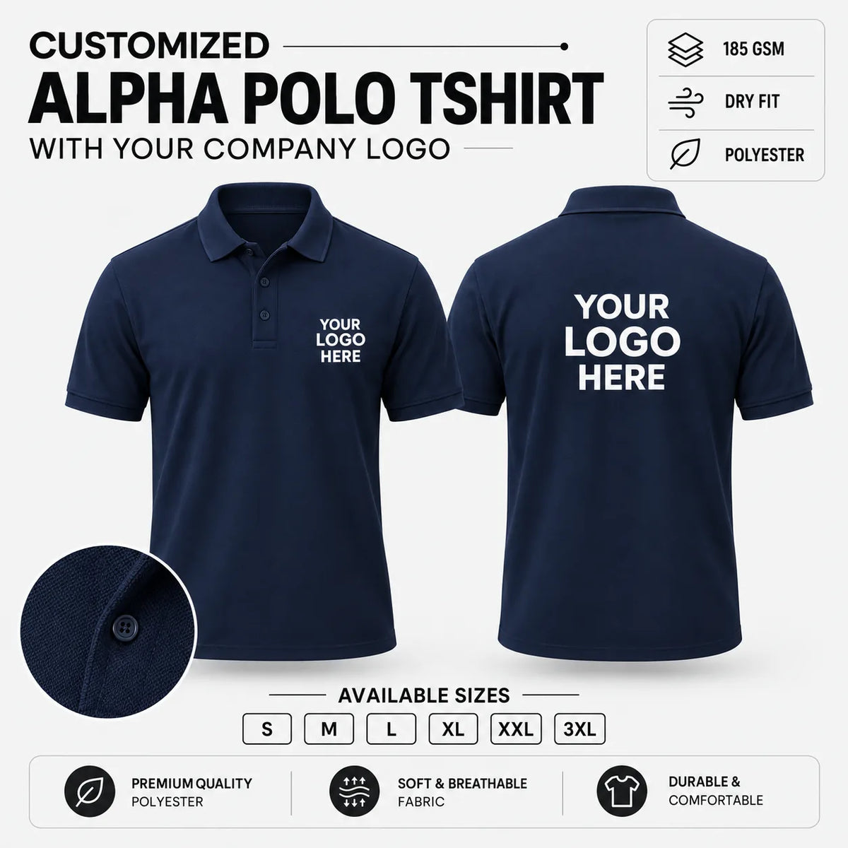Custom Alpha 185 GSM Dry Fit Polo T-Shirt - Navy