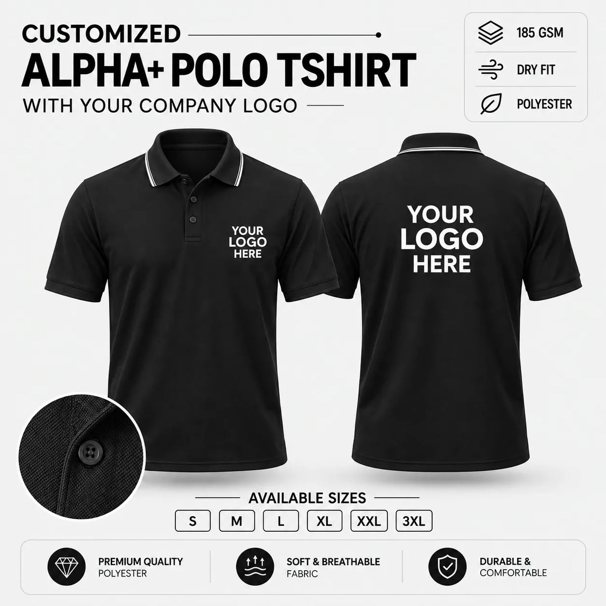 Custom Alpha+ Super Dry-Fit Polo T-Shirt – 180–190 GSM - Black