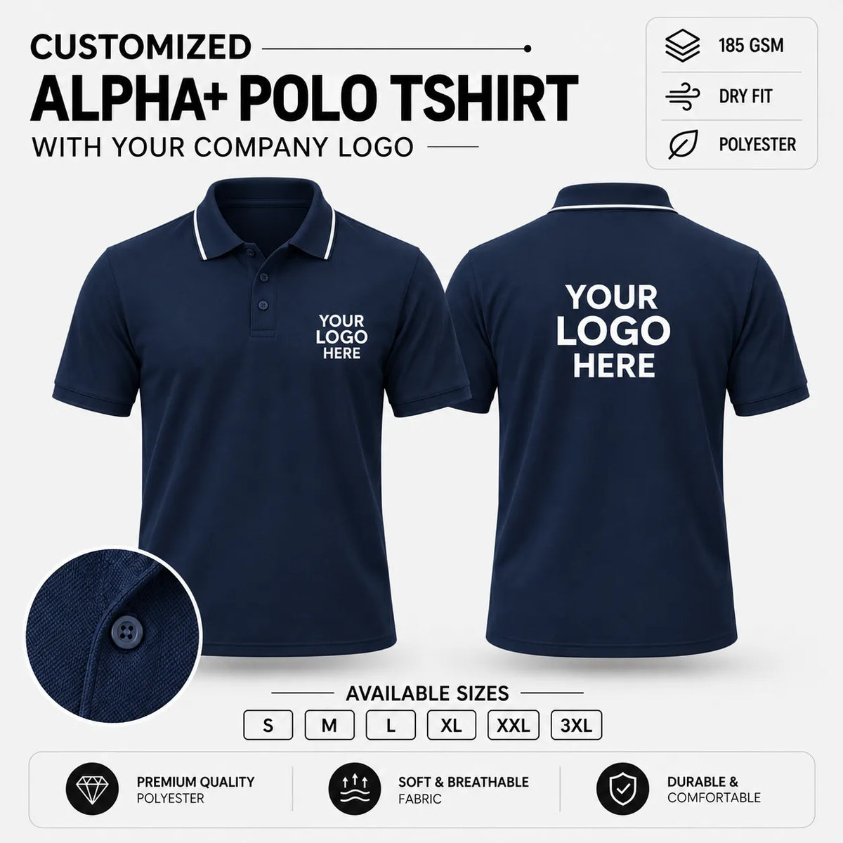 Custom Alpha+ Super Dry-Fit Polo T-Shirt – 180–190 GSM - Navy