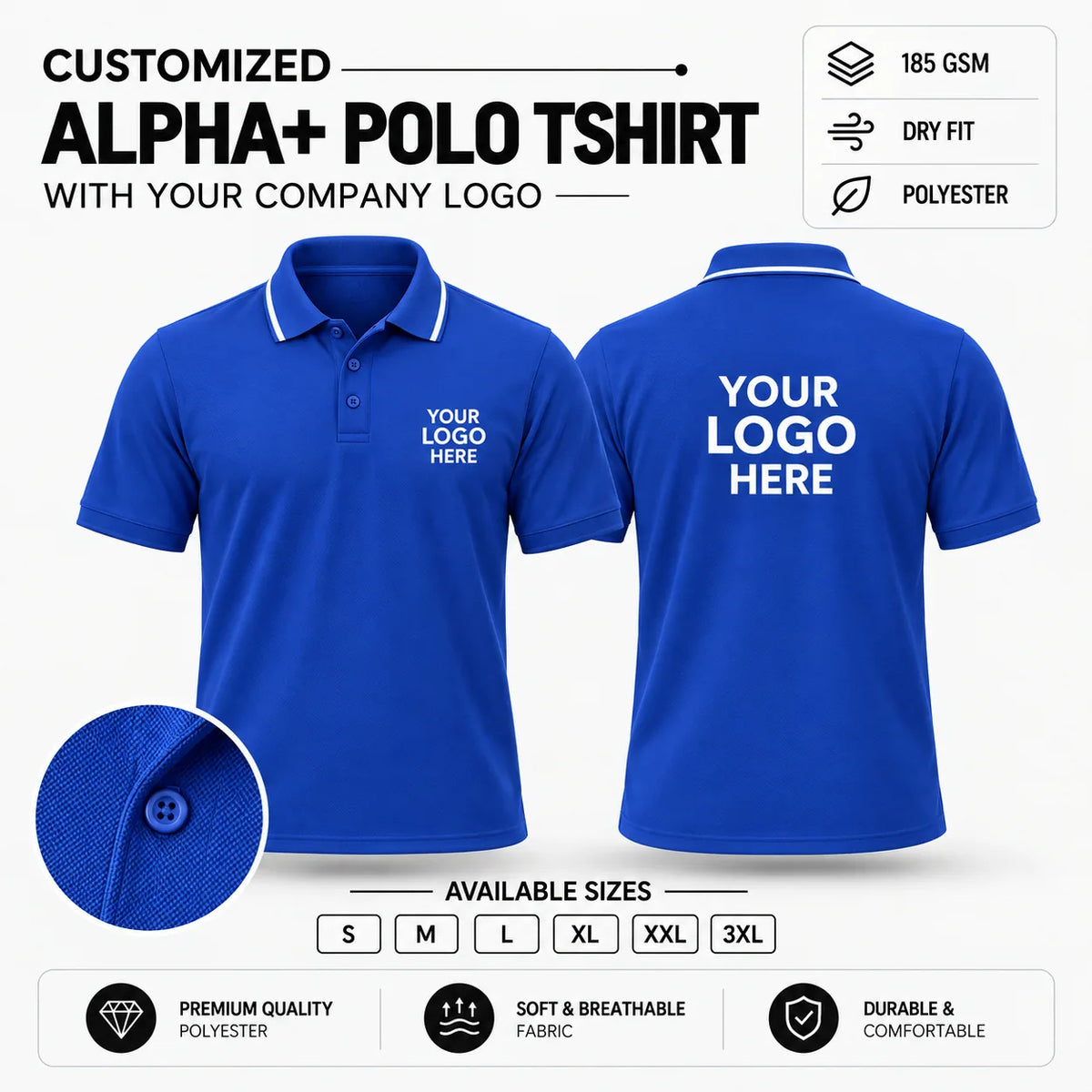 Custom Alpha+ Super Dry-Fit Polo T-Shirt – 180–190 GSM - Royal Blue