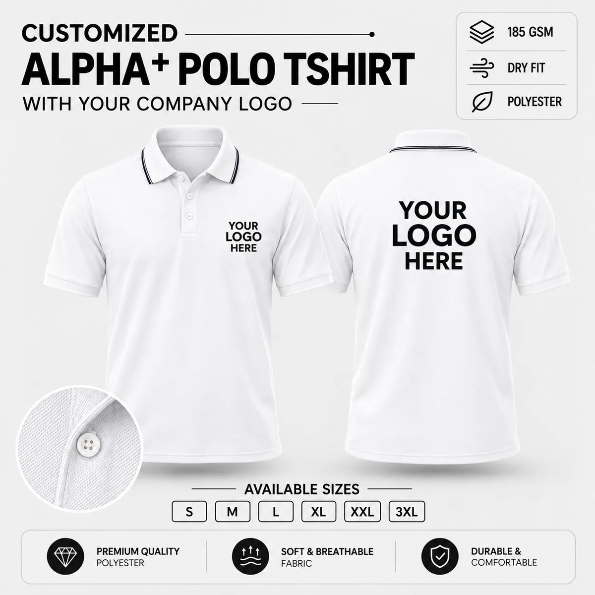 Custom Alpha+ Super Dry-Fit Polo T-Shirt – 180–190 GSM - White