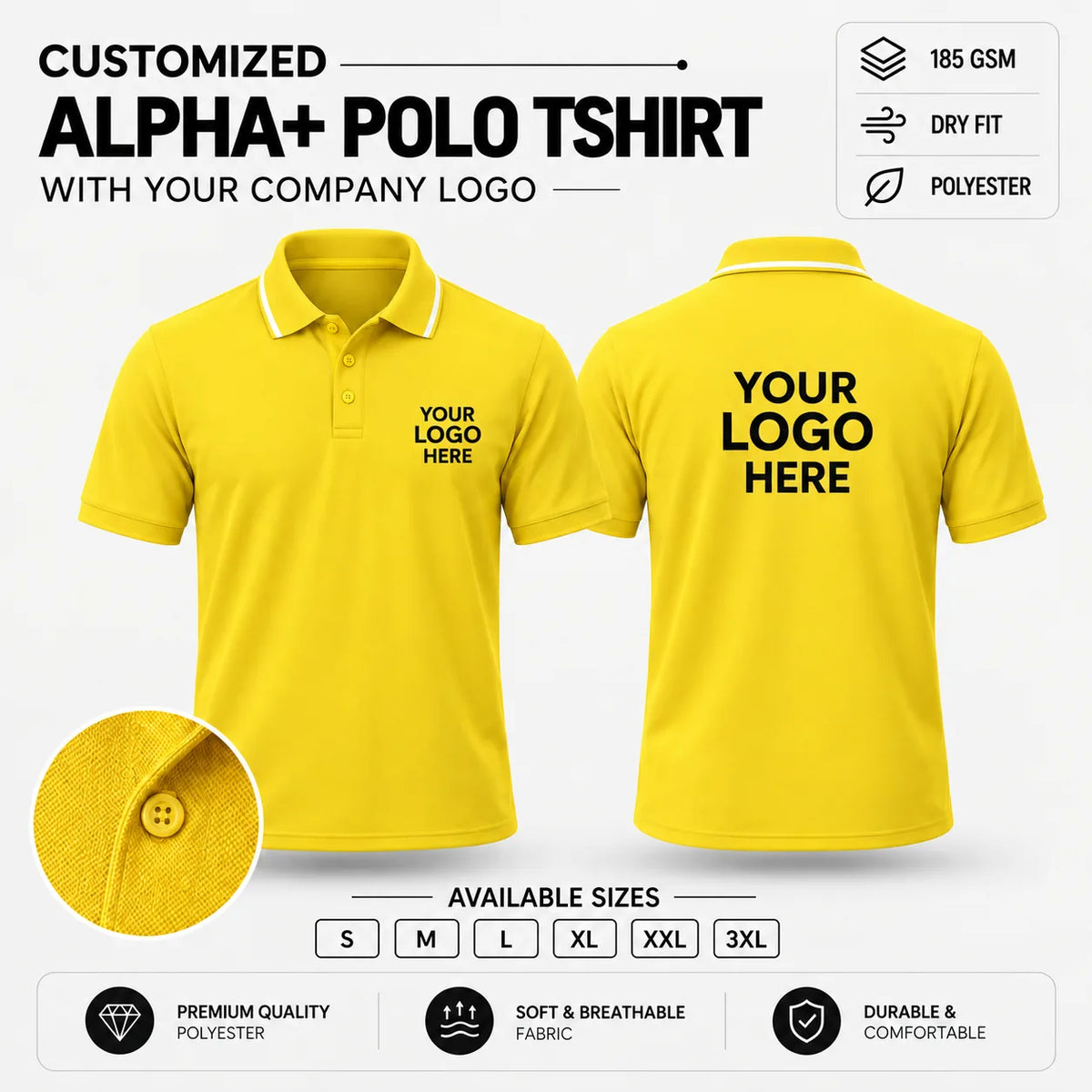 Custom Alpha+ Super Dry-Fit Polo T-Shirt – 180–190 GSM - Yellow