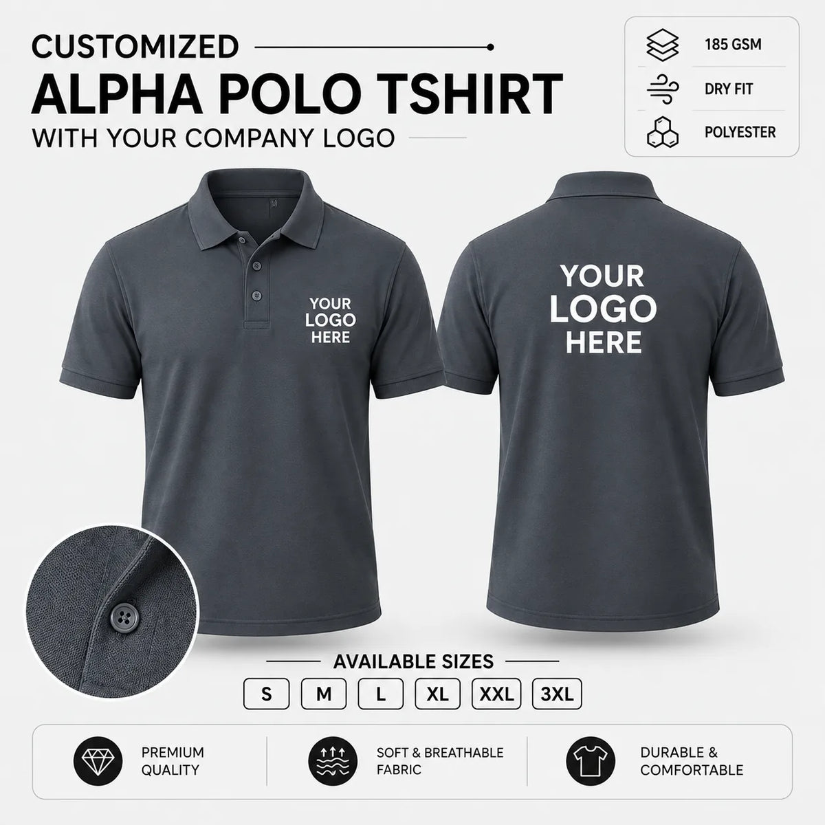 Custom Alpha 185 GSM Dry Fit Polo T-Shirt - Steel Grey