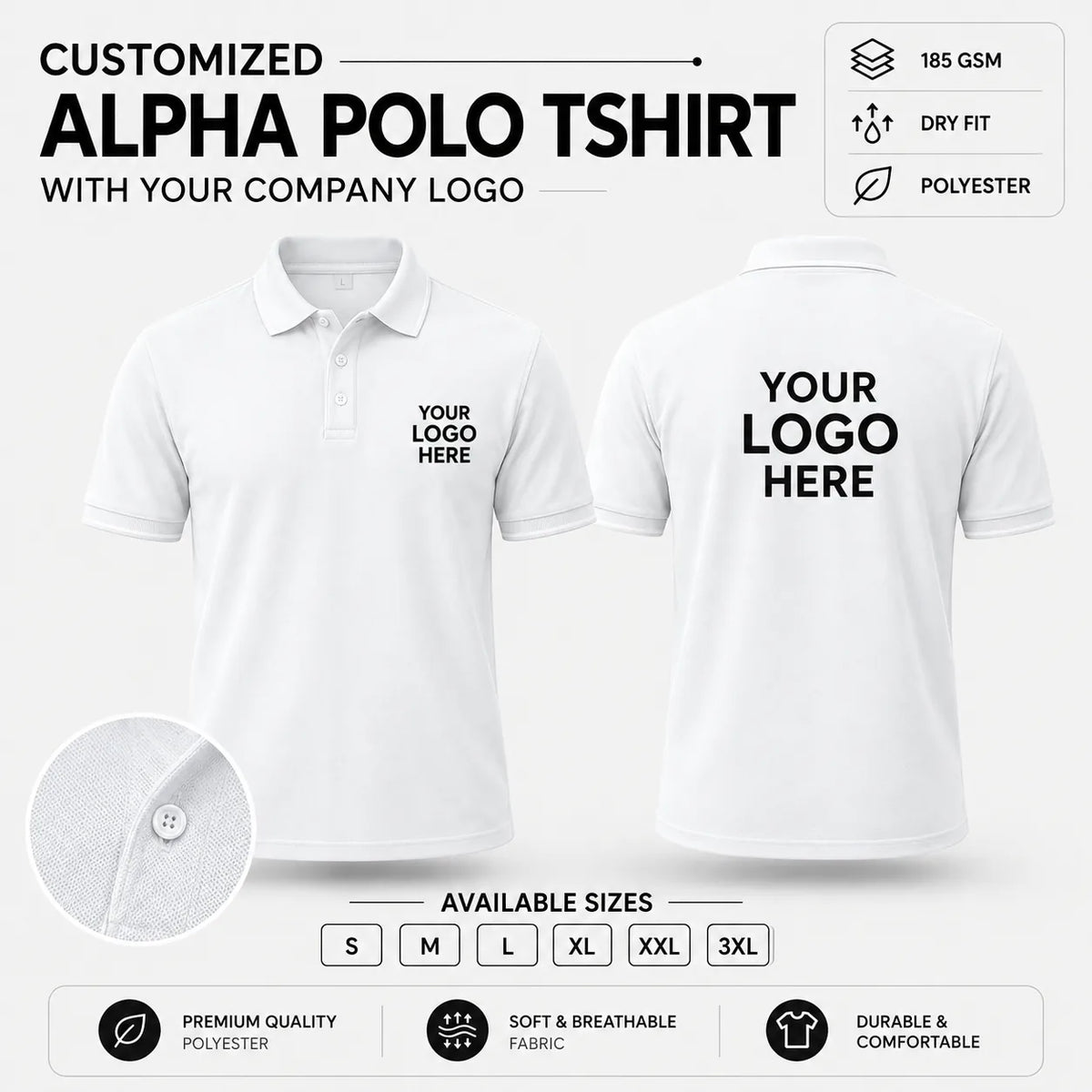 Custom Alpha 185 GSM Dry Fit Polo T-Shirt - White