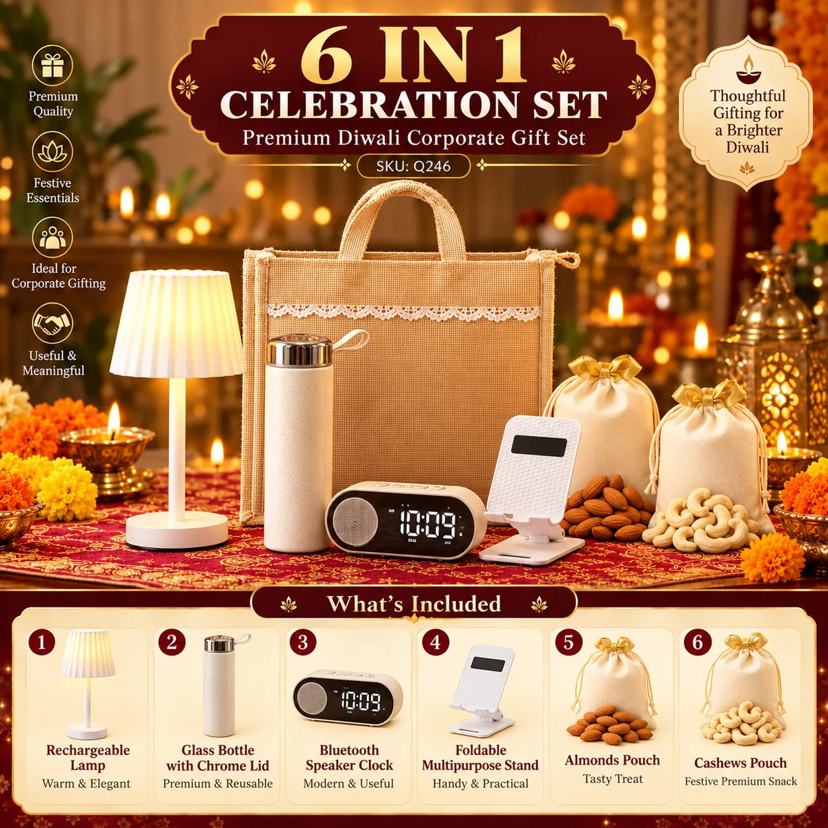 6-in-1 Custom Corporate Diwali Gift Set with Bluetooth Clock & Lamp - custom corporate gifts by Printe5 - SKU Q246