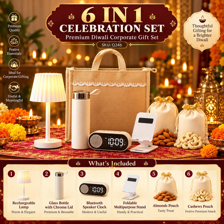 6-in-1 Custom Corporate Diwali Gift Set with Bluetooth Clock & Lamp