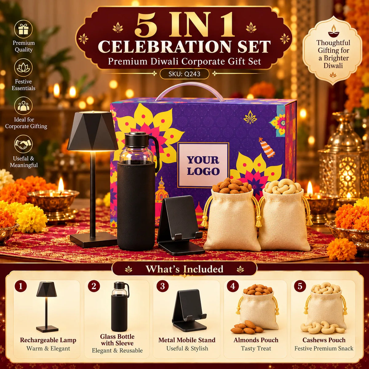 5-in-1 Custom Corporate Diwali Gift Set with Lamp, Bottle & Mobile Stand - custom corporate gifts by Printe5 - SKU Q243