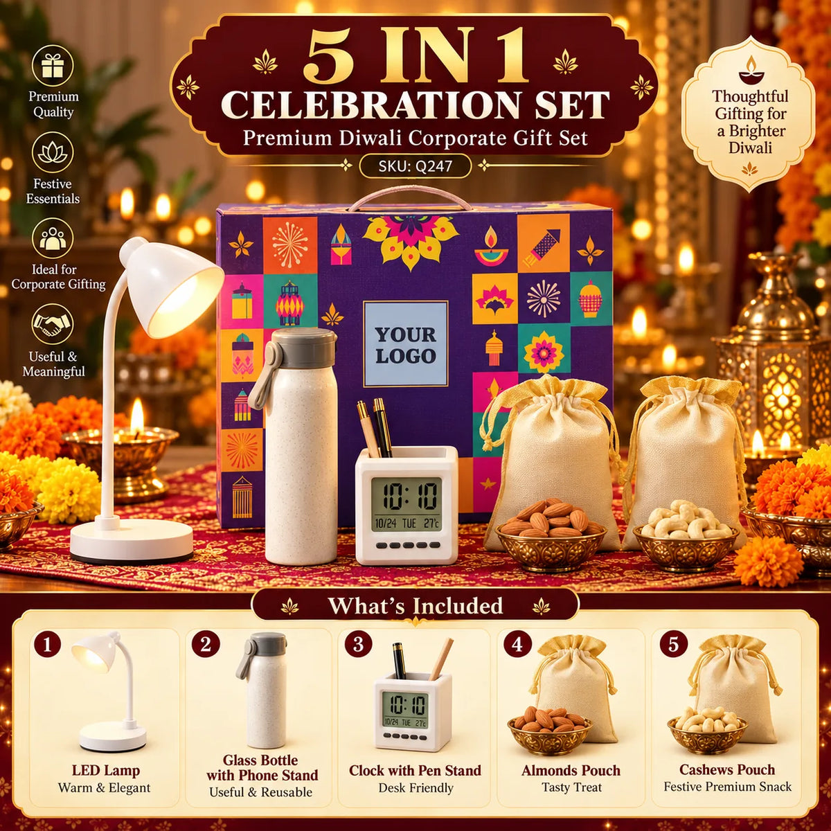 5-in-1 Custom Corporate Diwali Gift Set with Lamp, Clock & Bottle - custom corporate gifts by Printe5 - SKU Q247