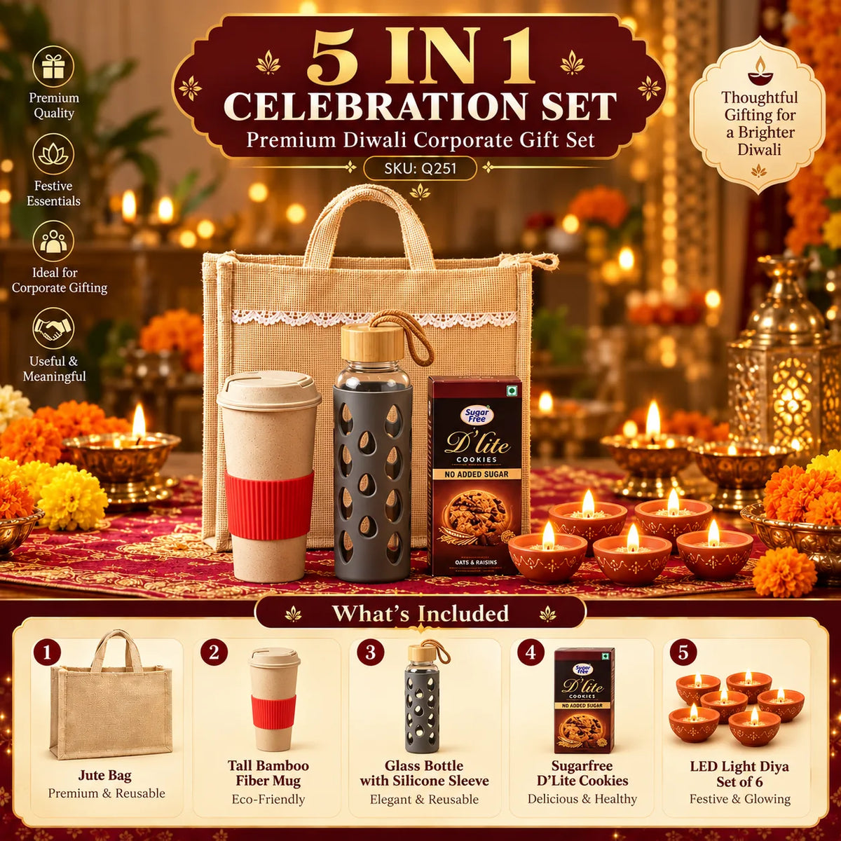 5-in-1 Custom Corporate Diwali Gift Set with Bamboo Mug & Bottle - custom corporate gifts by Printe5 - SKU Q251