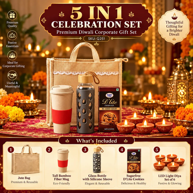 5-in-1 Custom Corporate Diwali Gift Set with Bamboo Mug & Bottle