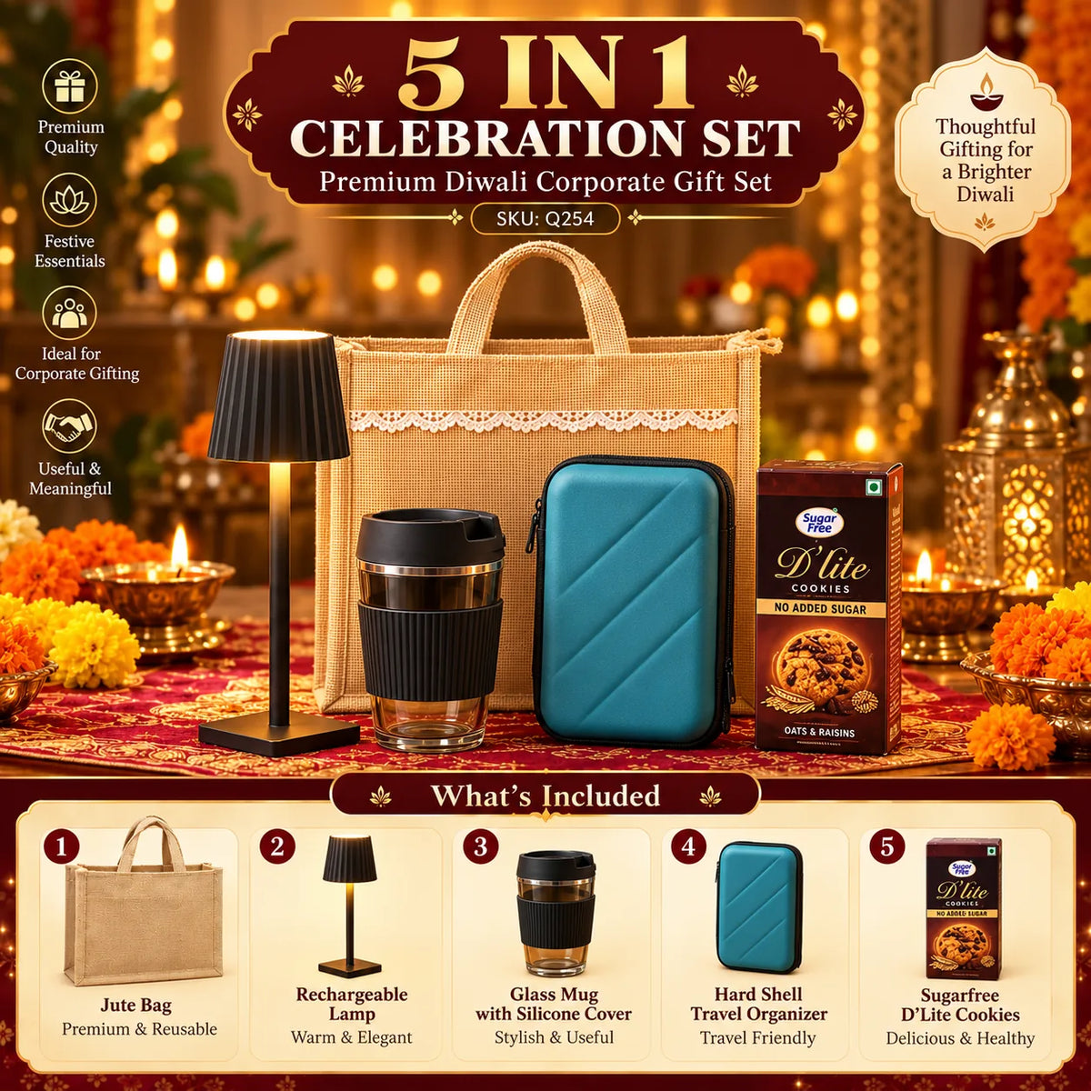 5-in-1 Custom Corporate Diwali Gift Set with Lamp & Travel Organizer - custom corporate gifts by Printe5 - SKU Q254