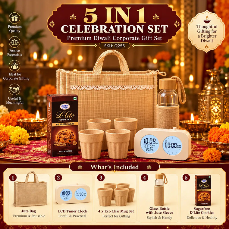 5-in-1 Custom Corporate Diwali Gift Set with Timer Clock & Chai Mugs