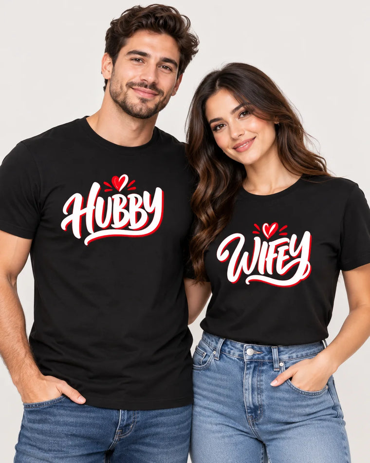 Hubby & Wifey Matching Couple T-Shirts (Set of 2)