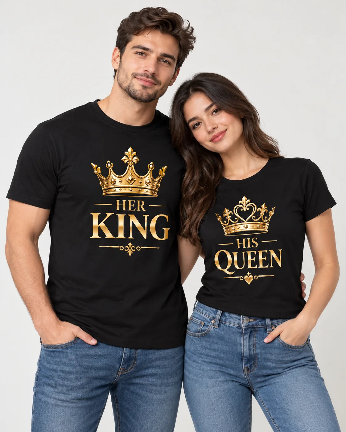 Her King & His Queen pair of matching couple T-shirts — Printe5