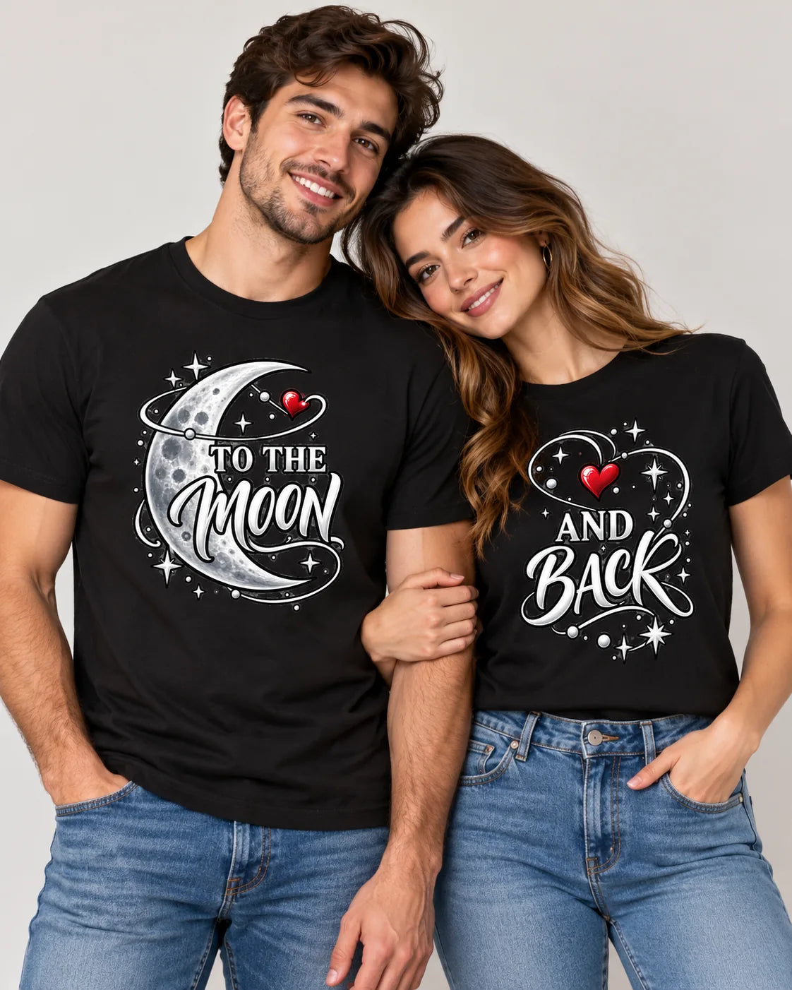 To The Moon & Back pair of matching couple T-shirts — Printe5
