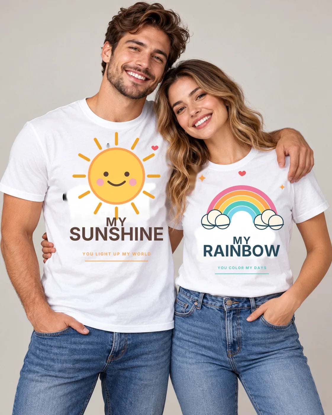 Sunshine & Rainbow – Premium Edition pair of matching couple T-shirts — Printe5