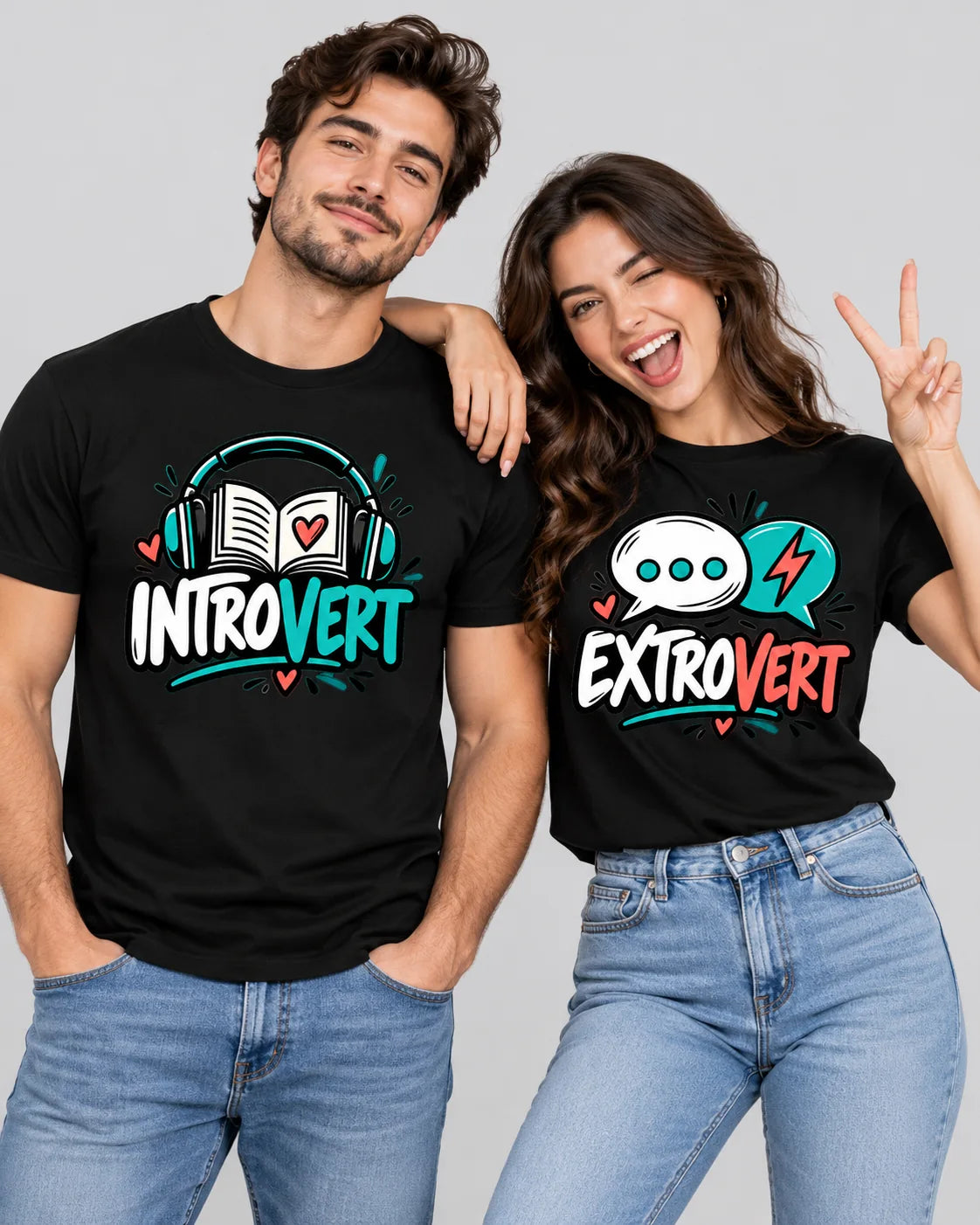 Introvert & Extrovert – Classic Edition pair of matching couple T-shirts — Printe5