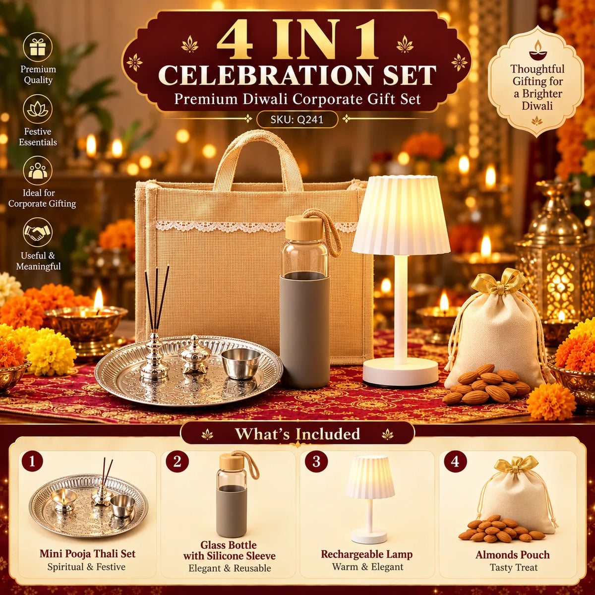 4-in-1 Custom Corporate Diwali Gift Set with Pooja Thali, Lamp & Bottle - custom corporate gifts by Printe5 - SKU Q241