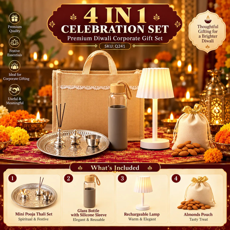 4-in-1 Custom Corporate Diwali Gift Set with Pooja Thali, Lamp & Bottle
