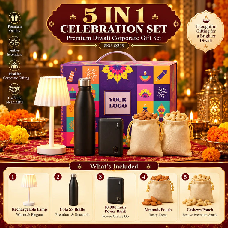 5-in-1 Custom Corporate Diwali Gift Set with Power Bank, Lamp & Bottle