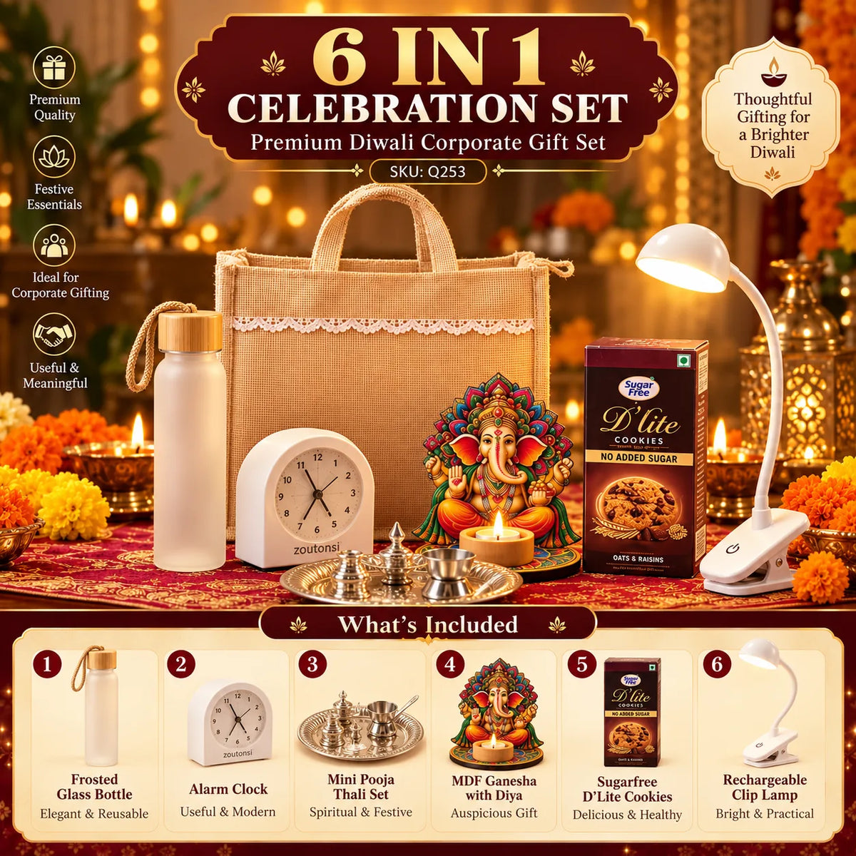 6-in-1 Custom Corporate Diwali Gift Set with Pooja Thali, Lamp & Bottle - custom corporate gifts by Printe5 - SKU Q253